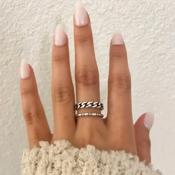 925 Sterling Silver Double Layer Minimalist Ring Dainty Chain Link Ring Band - Picture 2 of 6